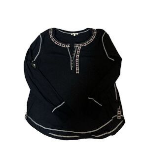 Mystree Black Knit Henley‎ Top Size Large Embroidered Aztec Southwest NWOT